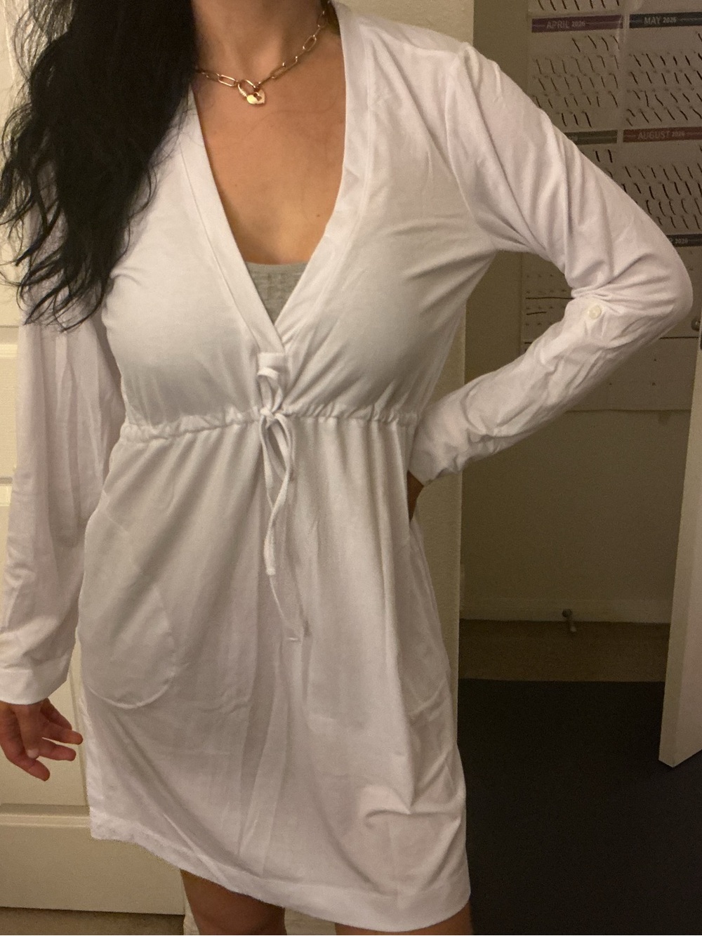 L.L. Bean White V-Neck Long-Sleeve Swim Coverup with Drawstring
